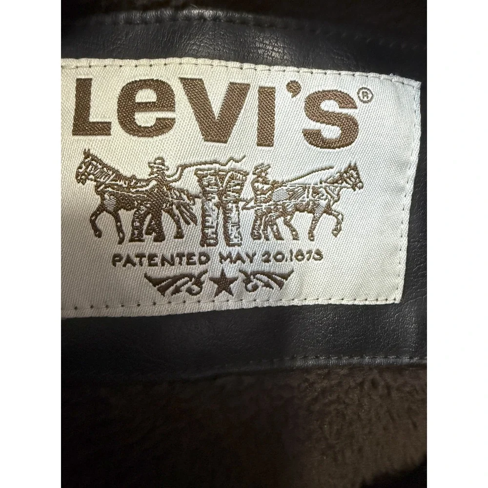 LEVI'S -‎ Mens Faux Leather Dark Brown Hooded Zip Jacket - Size Large*